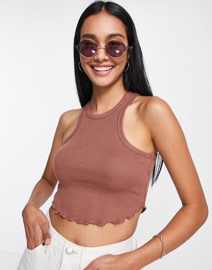 Asos Design Racer Tank Top With Lettuce Hem In Brown
