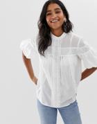 Asos Design High Neck Top With Lace Inserts In Cotton - White
