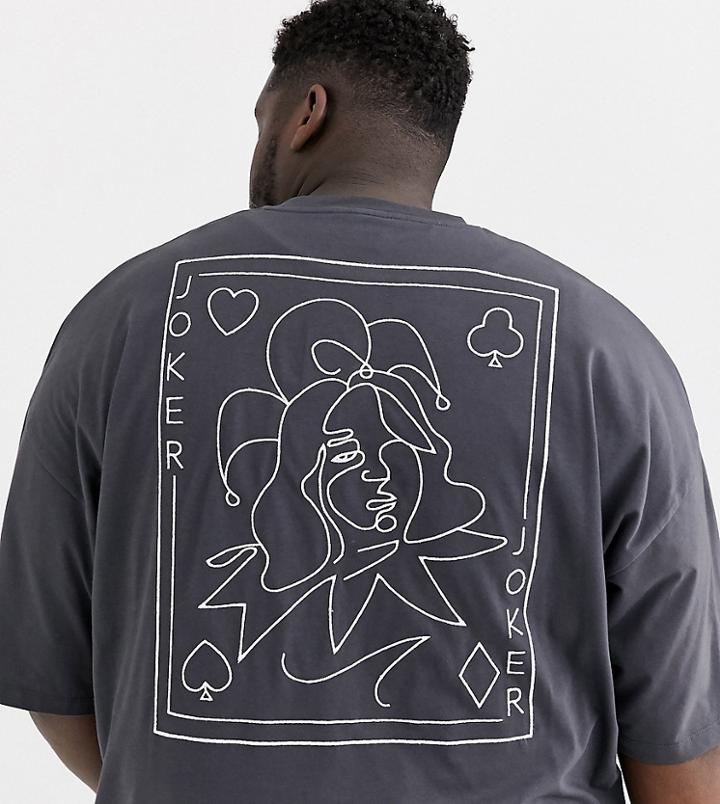 Asos Design Plus Oversized Longline T-shirt With Back Embroidery And Small Chest Print In Heavyweight Jersey-gray