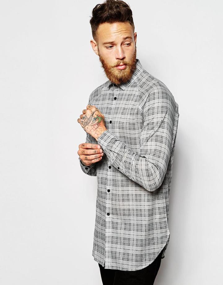 Asos Check Shirt In Longline With Long Sleeves - Gray