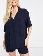 Chelsea Peers Oversized Utility Style Shirt And Short Set In Navy