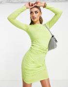 Aria Cove Recycled Ruched Mini Dress With Knot Detail In Lime-green
