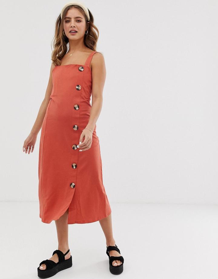 Asos Design Midi Pinafore With Large Button Detail-orange