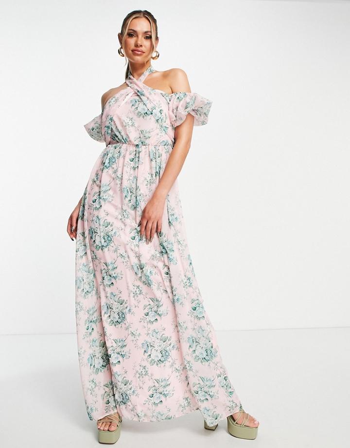 John Zack Halter Neck Puff Sleeve Maxi Dress In Pink