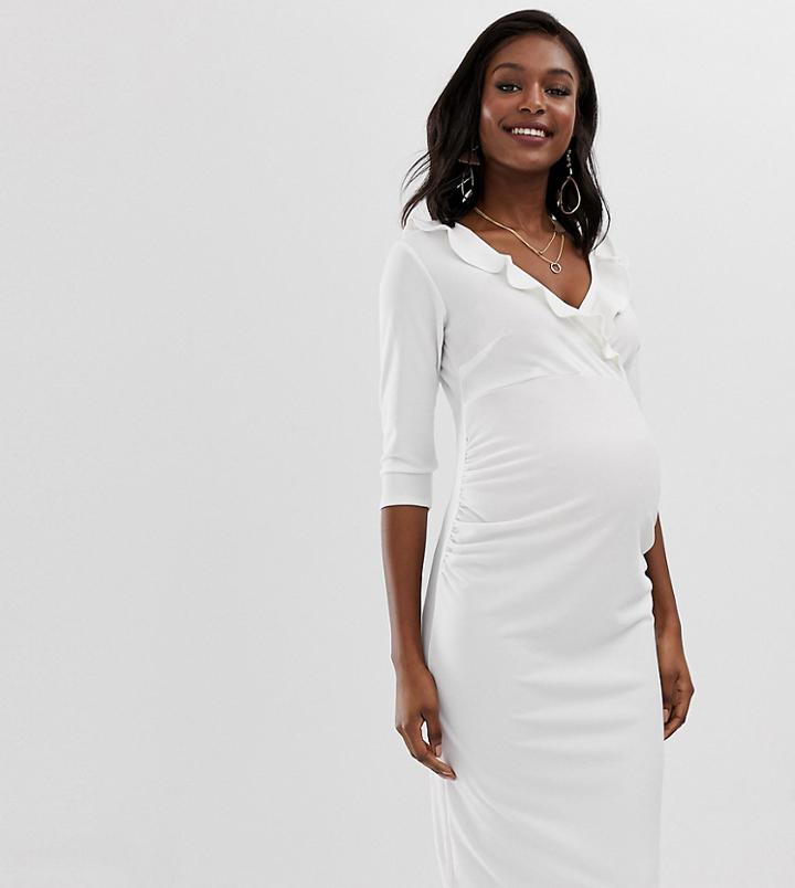 Bluebelle Maternity Bodycon Dress With Frill Detail In White - Beige
