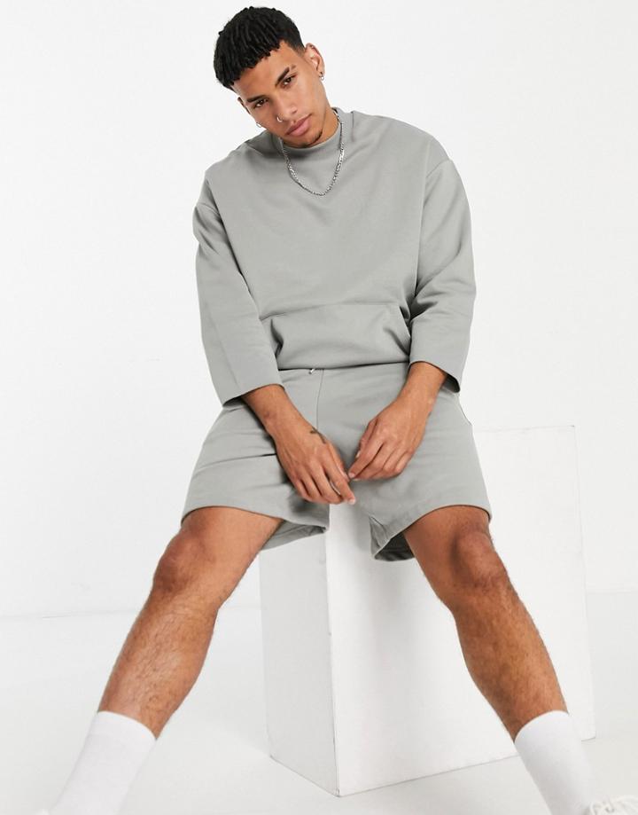 Asos Design Coordinating Heavyweight Oversized Three-quarter Sleeve Sweatshirt In Gray-grey