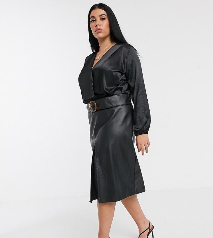 Lost Ink Plus Belted Midi Skirt In Faux Leather-black