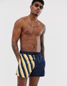Asos Design Swim Shorts In Navy & Mustard Color Block Mid Length - Navy