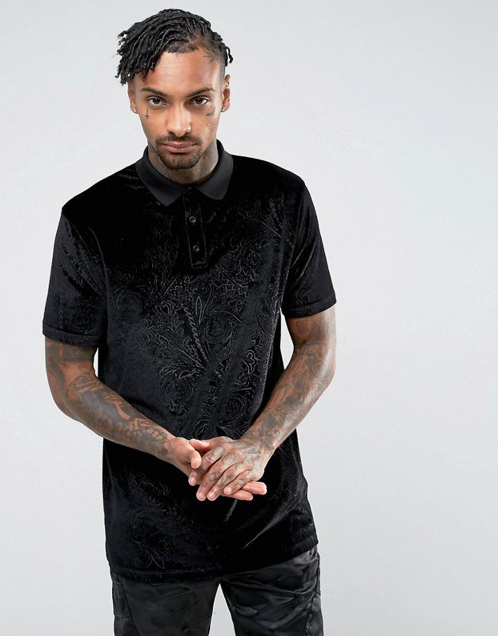 Asos Longline Polo In Embossed Floral Velvet - Black
