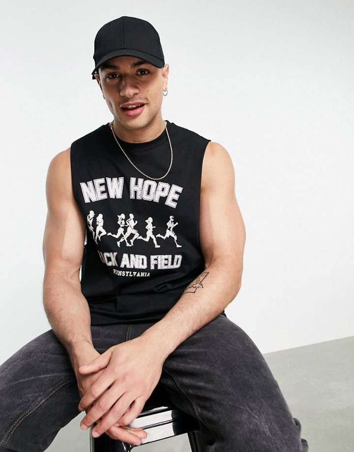 Asos Design Relaxed Tank In Black With Athletics Print