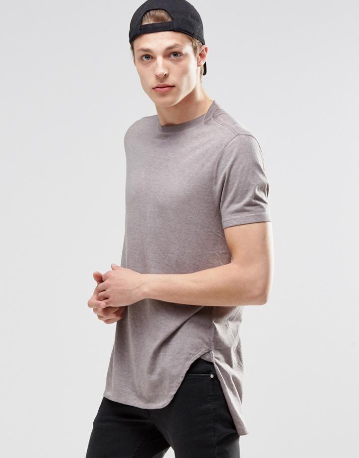 Asos Super Longline T-shirt With Stepped Hem And Layered Neck Trim - Elephant Skin