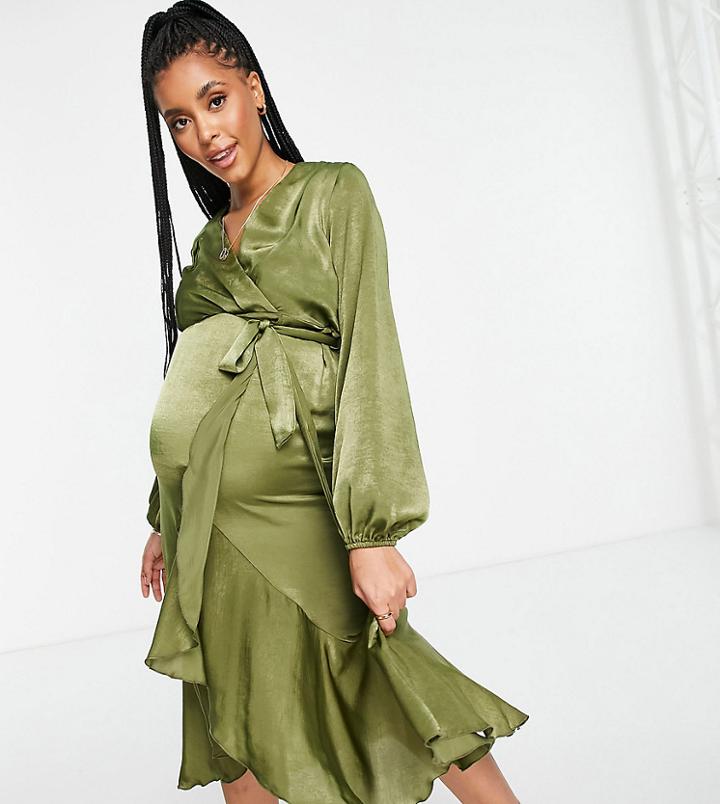 Flounce London Maternity Satin Wrap Front Midi Dress In Olive Green