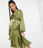 Flounce London Maternity Satin Wrap Front Midi Dress In Olive Green