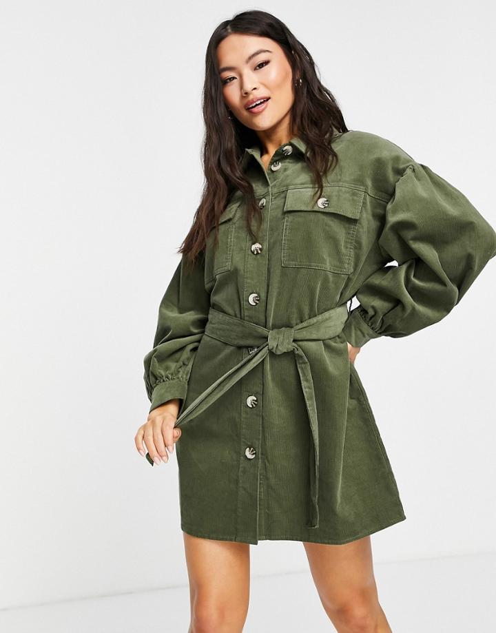Asos Design Cord Mini Shirt Dress In Khaki-green