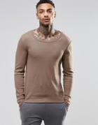 Asos Rib Extreme Muscle Long Sleeve T-shirt With Scoop Neck In Tan - Brown