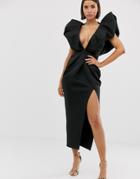 Asos Design Premium Extreme Bubble Detail Plunge Maxi Dress - Black