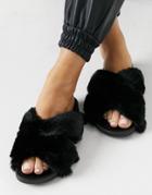 Asos Design Fiona Fluffy Crossover Slides In Black