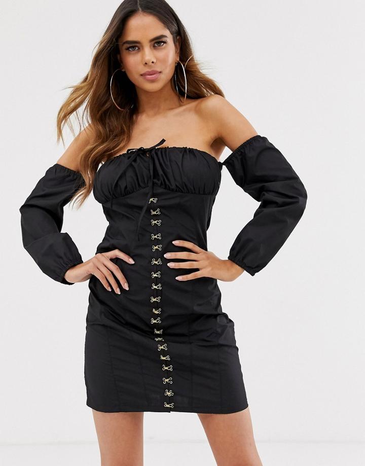 Club L London Off Shoulder Mini Dress With Milkmaid Neck And Metal Hook Detail In Black - Black