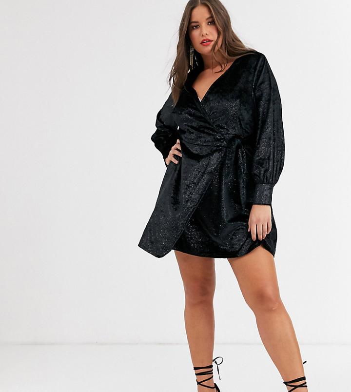 Fashion Union Plus Tie Waist Mini Dress With Balloon Sleeve In Black Velvet