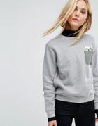 Paul & Joe Sister Sweater With Embroidered Cat Pocket Detail - Gray