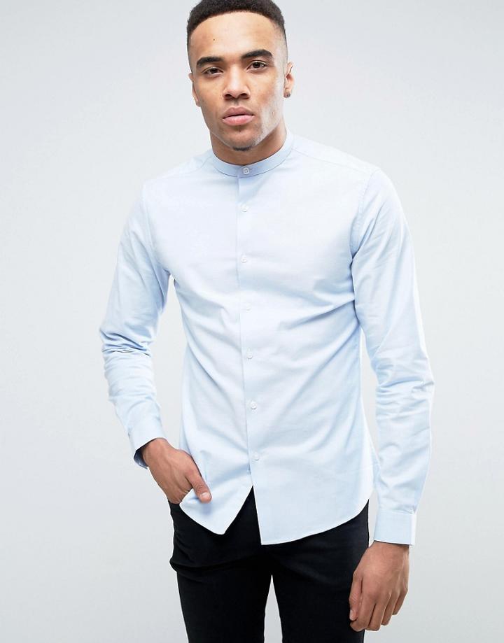 Asos Smart Slim Oxford Shirt With Stretch In Blue With Grandad Collar - Blue