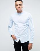 Asos Smart Slim Oxford Shirt With Stretch In Blue With Grandad Collar - Blue