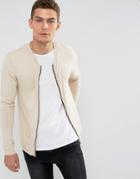 Asos Knitted Muscle Fit Cotton Bomber In Oatmeal - Beige