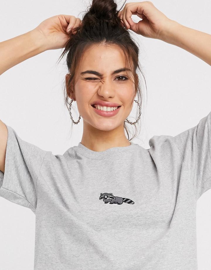 New Love Club Embroidered Racoon T-shirt In Oversized-grey