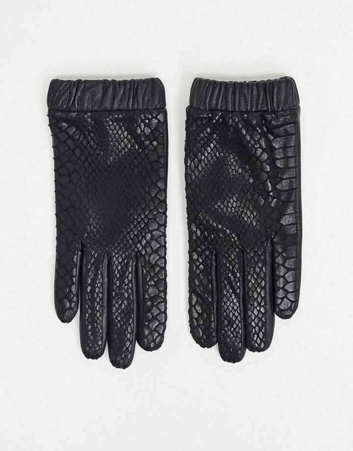 Asos Design Leather Gloves In Shiny Snake Print With Ruched Cuff In Black