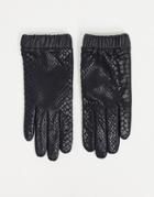 Asos Design Leather Gloves In Shiny Snake Print With Ruched Cuff In Black