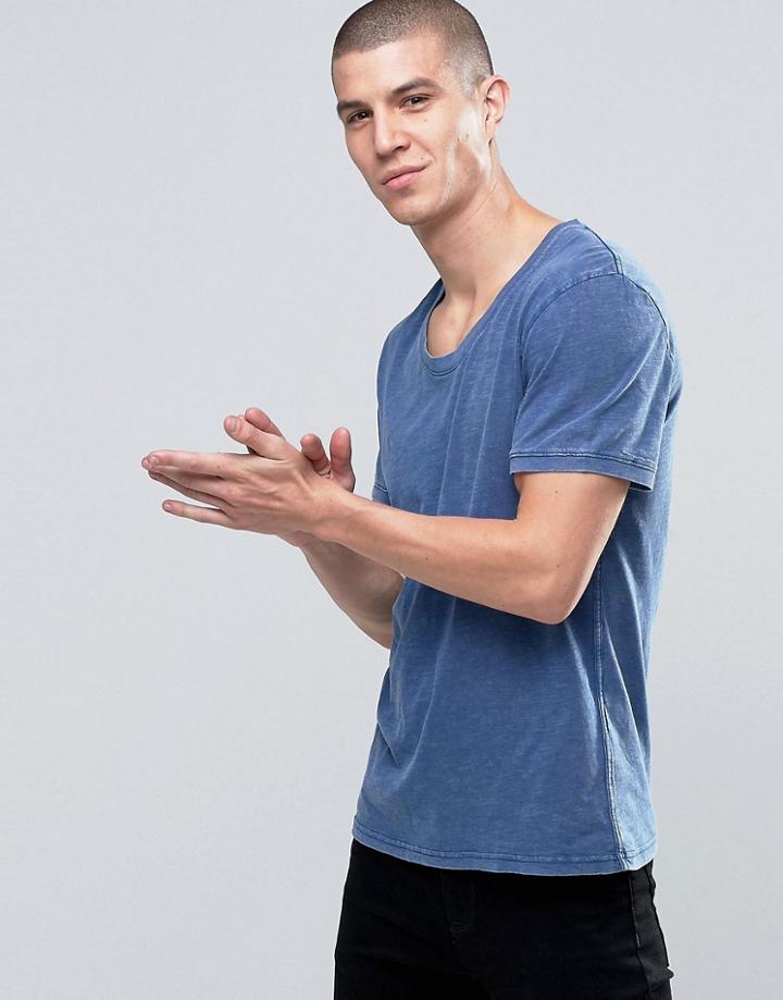 Selected Overdyed T-shirt With Acid Wash In Blue - Blue