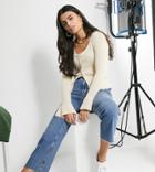 Asos Design Petite Ribbed Cardi In Fluffy Yarn In Cream-white