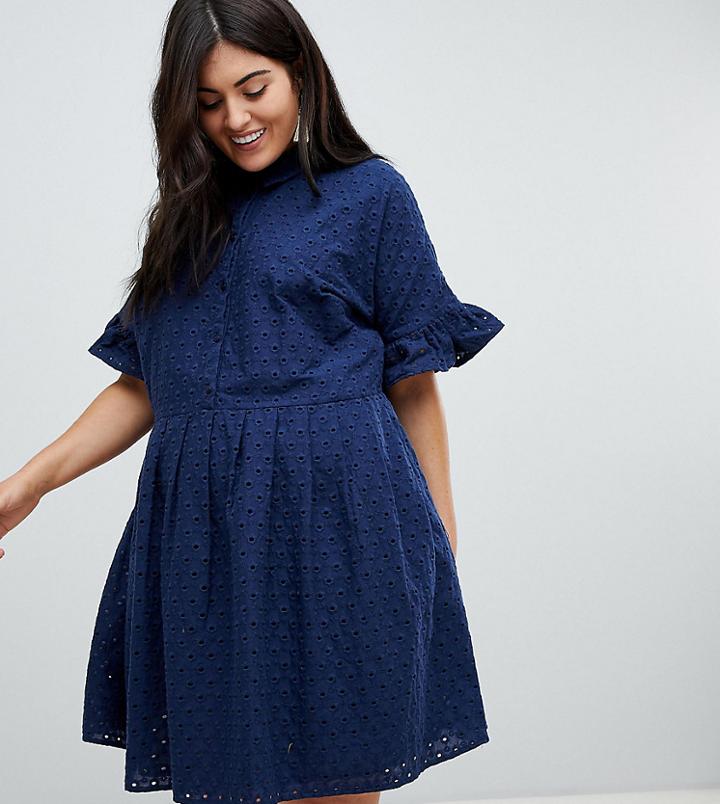 Asos Design Curve Broderie Shirt Dress - Navy