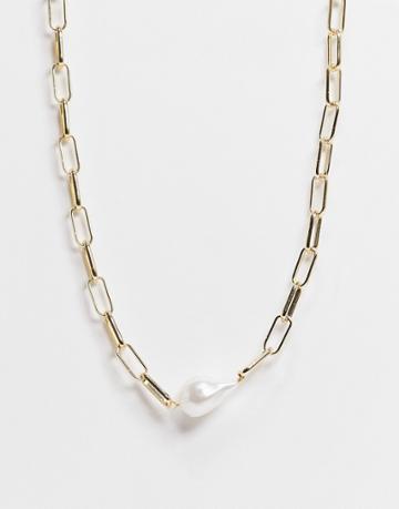 Designb London Curve Exclusive Necklace With Chain Links And Pearl In Gold