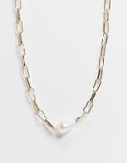 Designb London Curve Exclusive Necklace With Chain Links And Pearl In Gold
