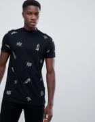 Asos Design T-shirt With All Over Floral Embroidery And Turtleneck - Black