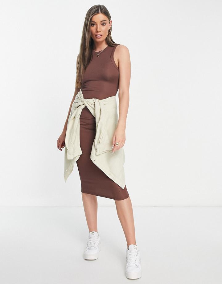 Stradivarius Ribbed Midi Dress In Chocolate-brown