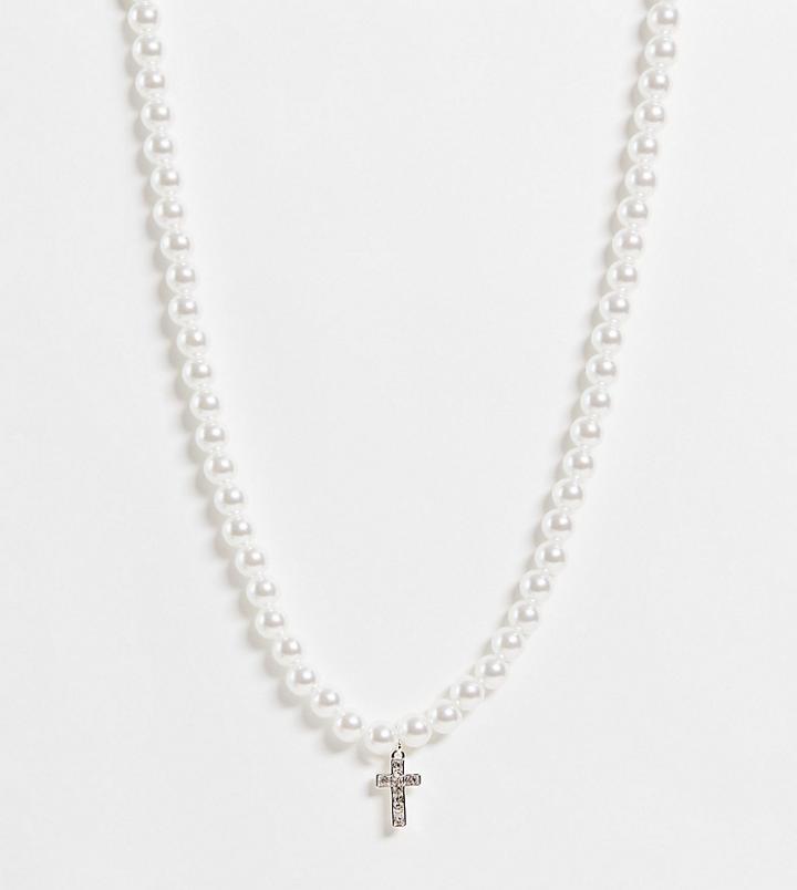 Asos Design Curve Faux Pearl Necklace With Cross Pendant-white