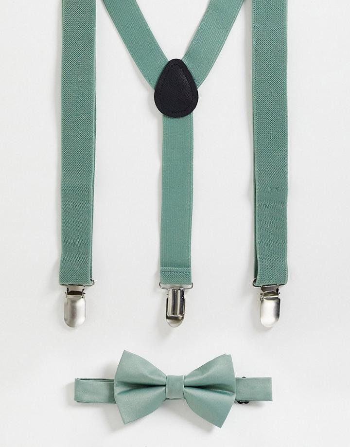 Asos Design Suspenders And Bow Tie Set In Sage Green