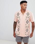 Asos Design Festival Regular Fit Tie Dye Shirt With Geo-tribal Embroidery And Revere Collar - Pink