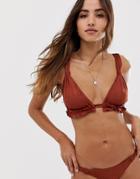 Asos Design Tab Detail Frill Triangle Bikini Top In Shiny Brown