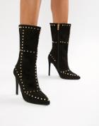 Prettylittlething Studded Calf Boots In Black - Black