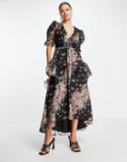 Asos Design Dark Sleeve Voile Midi Tea Dress With Puff Sleeve And Belt-multi