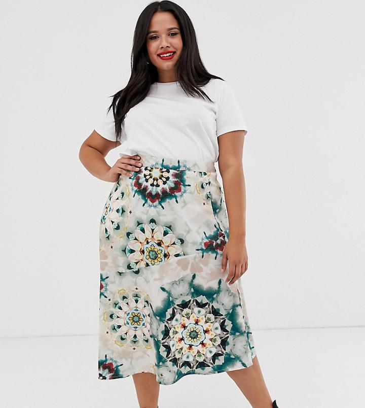 Neon Rose Plus Asymmetric Midi Skirt In Tie Dye Satin - Multi