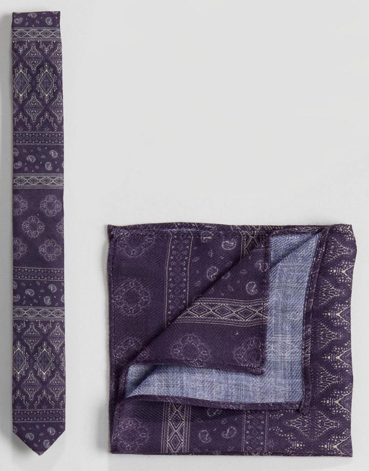 Asos Textured Paisley Tie & Pocket Square Set In Purple - Purple