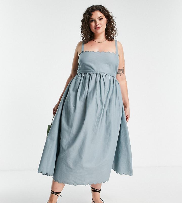 Asos Design Curve Scallop Edge Cut Out Back Midi Sundress In Duck Egg Blue