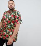 Asos Design Plus Regular Fit Floral Chain Print Shirt In Satin - Black