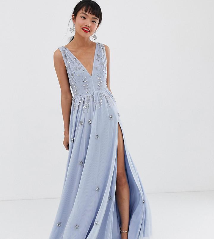 Dolly & Delicious Petite Plunge Front Embellished Maxi Dress With High Thigh Split In Ice Blue