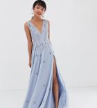 Dolly & Delicious Petite Plunge Front Embellished Maxi Dress With High Thigh Split In Ice Blue