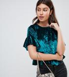 Prettylittlething Velvet Frill Detail T-shirt In Teal - Red